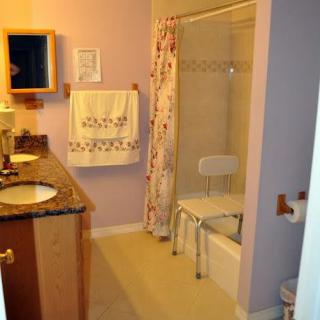 A bathroom with a sink, mirror, and shower featuring a bath seat and floral curtain.