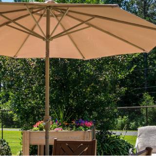 A peaceful outdoor patio area featuring a large umbrella, seating, and vibrant plants.