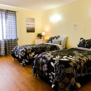A cozy bedroom featuring twin beds with floral bedspreads, complemented by a lamp and decorative curtains.