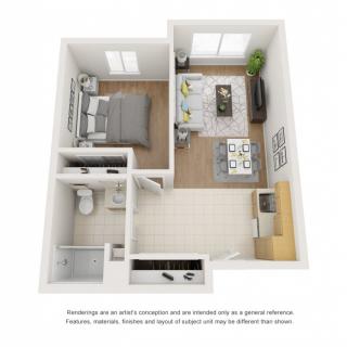 3D rendering of a modern one-bedroom apartment layout with living room, kitchen, and bathroom.