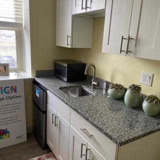 A small kitchen area with white cabinets, a granite countertop, and potted plants.