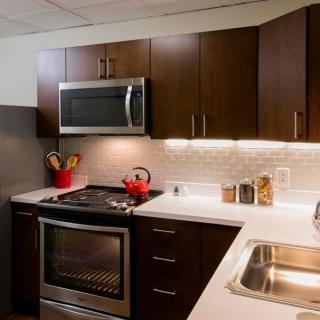 A modern kitchen with dark wood cabinets, stainless steel appliances, and a sleek countertop.