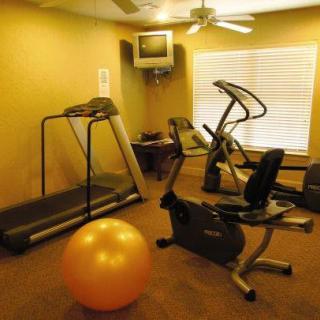 A compact home gym featuring a treadmill, stationary bike, and an exercise ball.