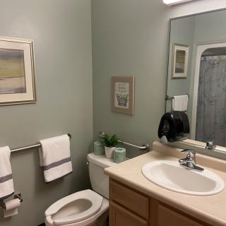 A neat and clean bathroom with a sink, mirror, toilet, and decorative elements like wall art and towels.