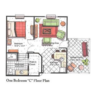 A floor plan of a one-bedroom apartment featuring a living room, kitchen, dining area, and balcony.