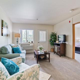 A cozy living room with a comfortable sofa, coffee table, and television, complemented by natural light from a large window.