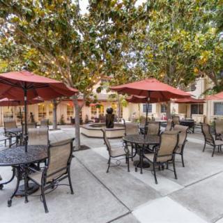 A sunny outdoor patio area with tables, chairs, and umbrellas shaded by trees.