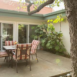 A serene patio with outdoor furniture surrounded by greenery and sunlight.