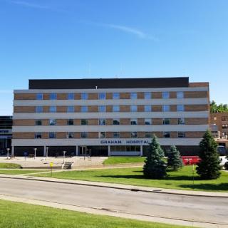 A modern university building set against a clear blue sky, surrounded by well-maintained grass and trees.