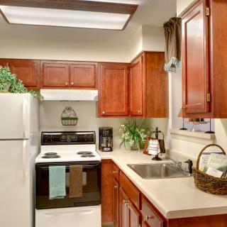 A cozy kitchen with wooden cabinets, modern appliances, and decorative elements.