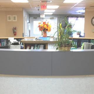 A welcoming office reception area featuring a desk, decorative flowers, and plants.