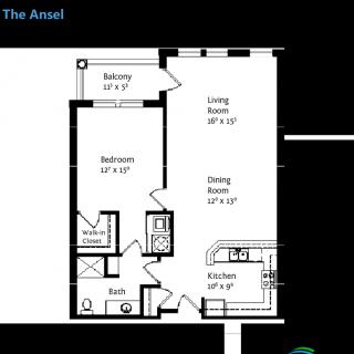 Floor plan of a one-bedroom apartment with a balcony, living room, kitchen, and bathroom.