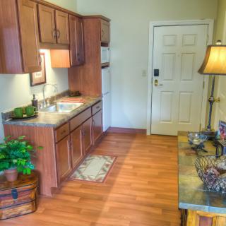 A cozy kitchen area with wooden cabinets, a sink, and decorative plants.