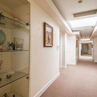 A well-lit hallway featuring artwork on the walls and a glass display case with various items.