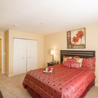 A cozy bedroom with red bedding, artwork on the wall, and a nightstand with a lamp.
