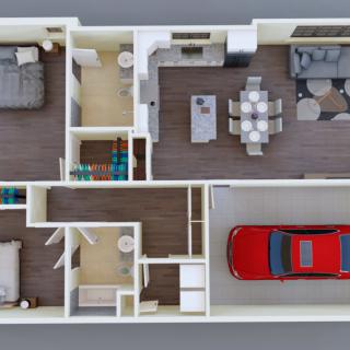 A 3D rendered floor plan showing a two-bedroom house with an open living and dining area, kitchen, bathroom, and garage.