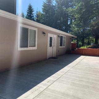 A sunlit patio next to a residential house, surrounded by trees.