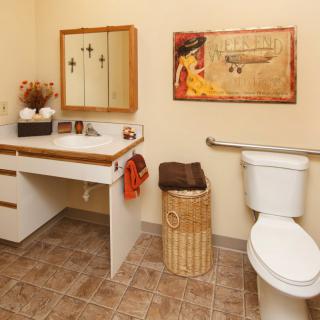 A neatly arranged bathroom with a toilet, sink, mirror, and decorative elements.