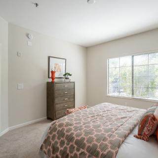 A cozy bedroom with a neatly made bed, a dresser, and a large window allowing natural light.