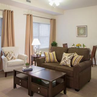 A cozy living room with a brown sofa, an armchair, and a wooden coffee table adorned with decorative pillows and modern decor.