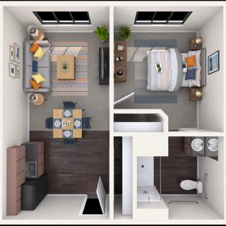 A one-bedroom apartment layout showing the living room, kitchen, bedroom, and bathroom.