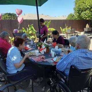 A joyful outdoor gathering for seniors, enjoying a meal together under the sun, accompanied by festive decorations.