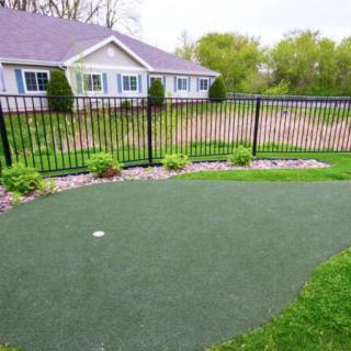 A backyard putting green with neatly landscaped surroundings and a view of a house.