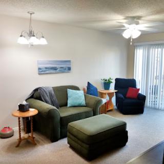 A cozy living room with green and blue furnishings, illuminated by natural light.