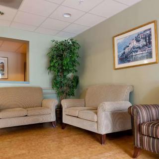 A cozy waiting room with comfortable seating and decorative elements.