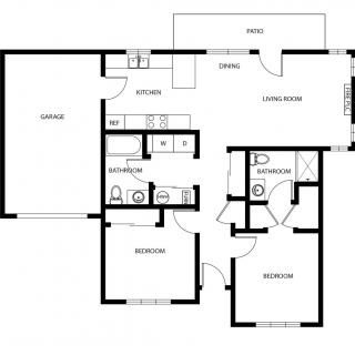 A detailed floor plan showing the layout of a house with two bedrooms, bathrooms, a kitchen, living room, and garage.