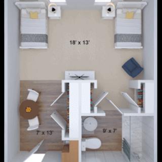A floor plan layout of a dorm room with two beds, showing the placement of furniture and room dimensions.