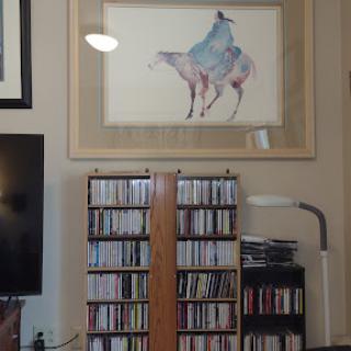 A cozy living room featuring a mounted painting and a CD rack filled with media.