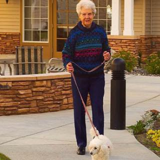 A senior woman enjoys a stroll with her small dog in a residential setting.