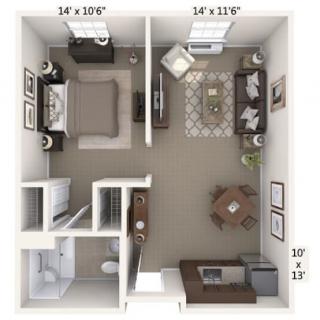 A floor plan of a one-bedroom apartment with a living room, kitchen, bathroom, and dining area.