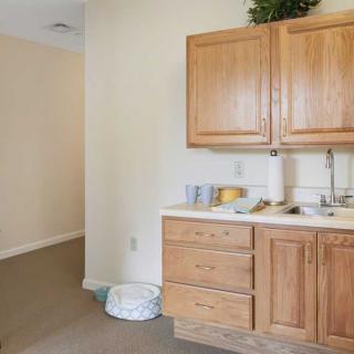 A small kitchenette with wooden cabinets and a sink.