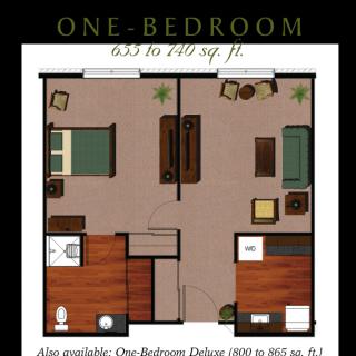 One-bedroom apartment floor plan ranging from 600 to 900 sq. ft.