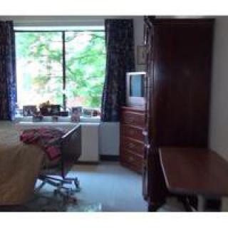 A bedroom with a window view, featuring furniture including a bed, chair, desk, and television.