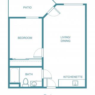 A simplified floor plan of an apartment with a patio, living/dining area, bathroom, and kitchenette.