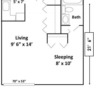 A floor plan of a small studio apartment featuring a living space, sleeping area, bathroom, and kitchen.
