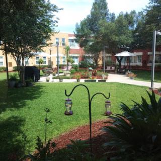 A serene garden space featuring well-maintained greenery and a walkway, perfect for relaxation.