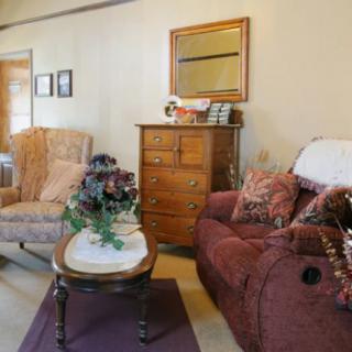 A cozy living room with a sofa, armchair, and wooden furniture.
