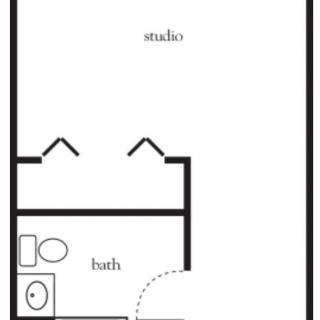 A simple floor plan of a studio apartment with a bathroom.