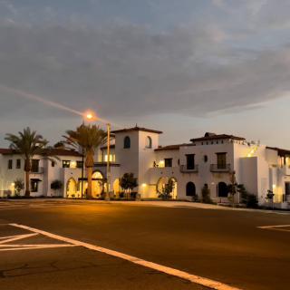 A street view of a beautifully lit building with palm trees under an evening sky.