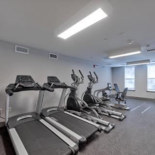 A modern gym with treadmills and elliptical machines lined up in a bright room.