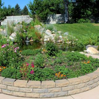 A beautifully landscaped garden with a variety of plants and flowers, featuring a small pond.
