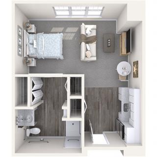 Studio apartment floor plan layout with living, sleeping, kitchen, and bathroom areas.