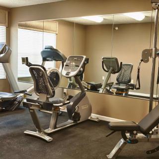 A well-equipped gym with exercise machines including a treadmill and stationary bike.