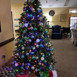 A beautifully decorated Christmas tree adorned with colorful lights and ornaments, accompanied by wrapped presents underneath.