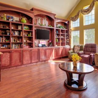 A cozy living room with built-in bookshelves, a television, and ample natural light.