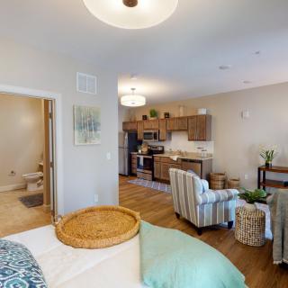 A cozy apartment interior featuring a living room and kitchen area with modern decor.